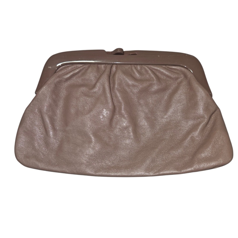 VTG Made in Italy Genuine Leather Kiss Lock Frame Clutch Bag Taupe Sz OS